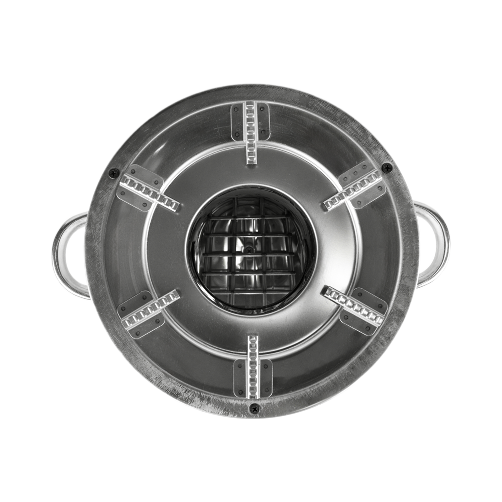 A top-down perspective of the S26-11E, illustrating the circular design with integrated stick support system that allows for efficient biomass burning.