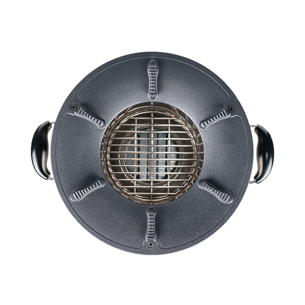 Top-down view of the C28-23MAX charcoal stove, showcasing the durable cast-iron cooktop and secondary air combustion system that delivers the fastest, most efficient cooking performance available.