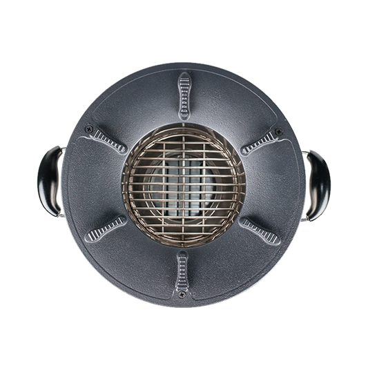 Top-down view of the C28-23MAX charcoal stove, showcasing the durable cast-iron cooktop and secondary air combustion system that delivers the fastest, most efficient cooking performance available.