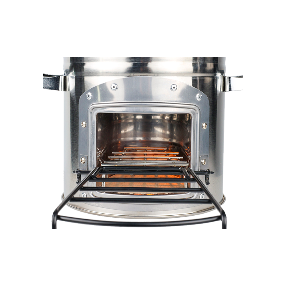 Close-up of the S32-X fuel chamber with the door open, highlighting a design that allows for full fuel combustion.