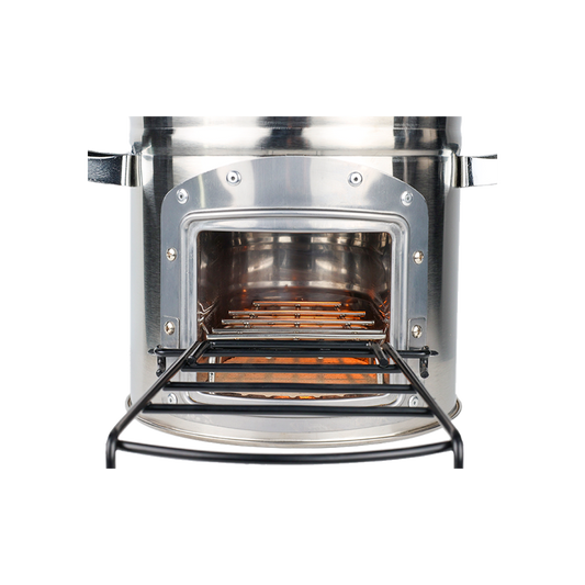 Close-up of the S32-X fuel chamber with the door open, highlighting a design that allows for full fuel combustion.