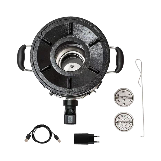 Top-down view of the F-18 fan stove, including the stove body, internal combustion components, and power accessories.