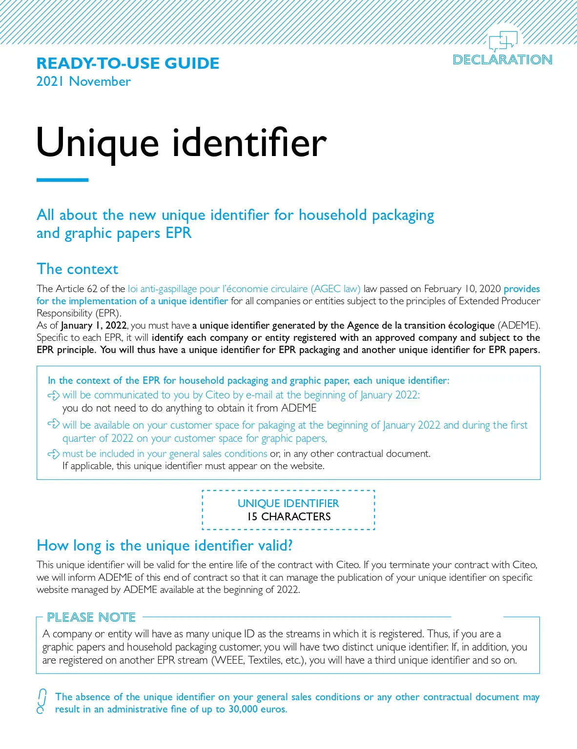 French Extended Producer Responsibility (EPR) ready-to-use guide document detailing the unique identifier for household packaging and graphic papers. 3