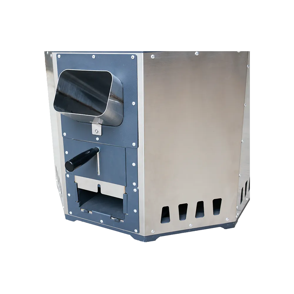 Close-up of the main body and fuel feed door of the SSM stainless steel institutional stove.