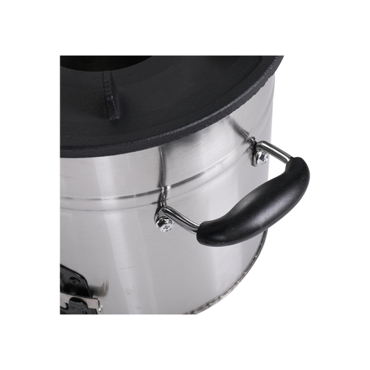 Detailed view of the F-18 fan stove's ergonomic handle and high-quality stainless steel construction.