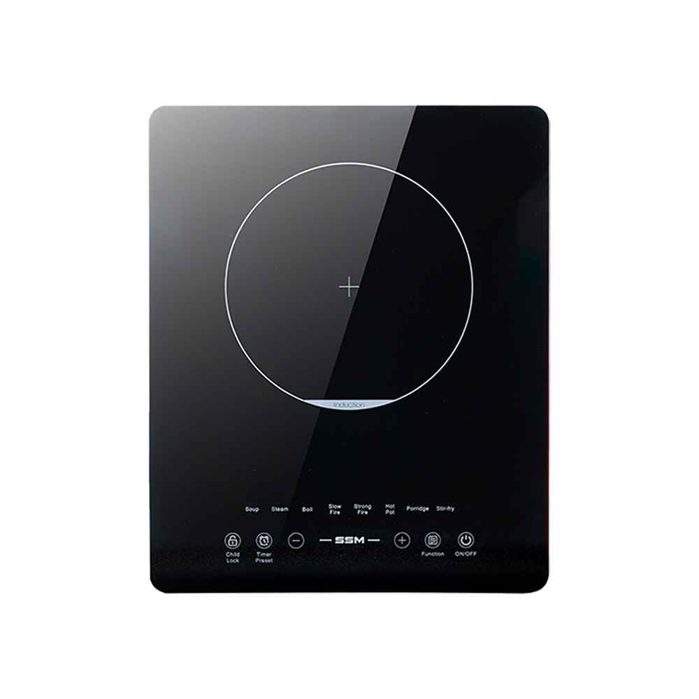 Top-down view of the SSM induction cooktop, illustrating the clear cooking zone and user-friendly control interface.