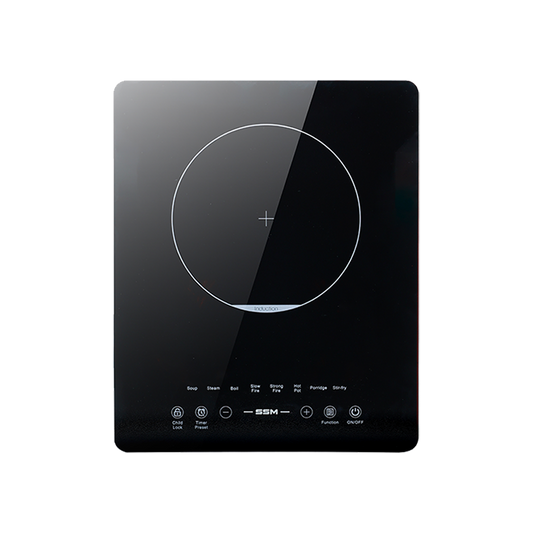Top-down view of the SSM induction cooktop, illustrating the clear cooking zone and user-friendly control interface.