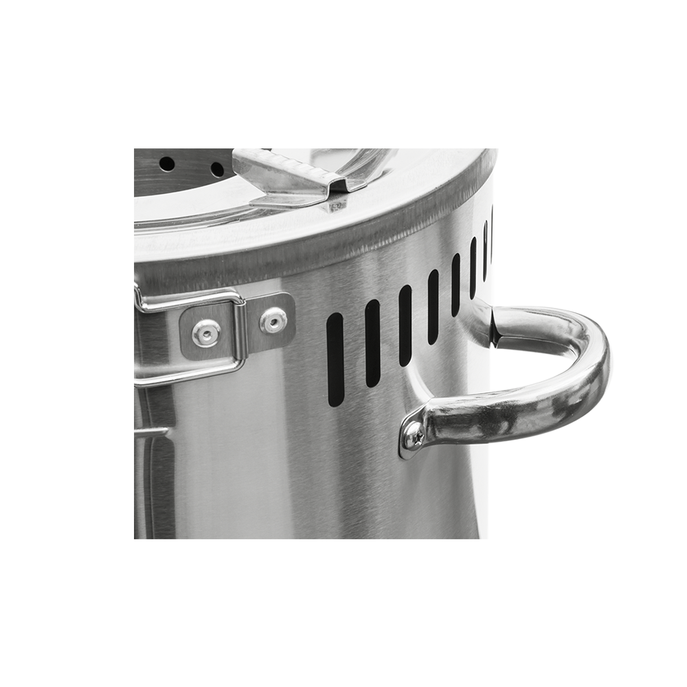Detailed view of the S26-11E stainless steel body, highlighting a design that delivers a 50% fuel reduction compared to the three-stone cooking method and Tier 3 performance on particulate matter.