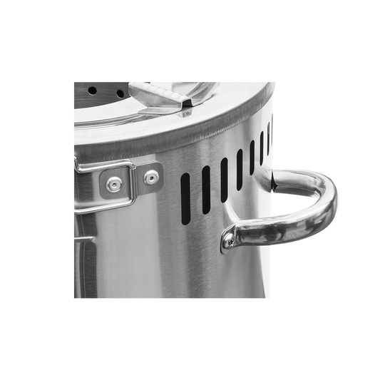 Detailed view of the S26-11E stainless steel body, highlighting a design that delivers a 50% fuel reduction compared to the three-stone cooking method and Tier 3 performance on particulate matter.