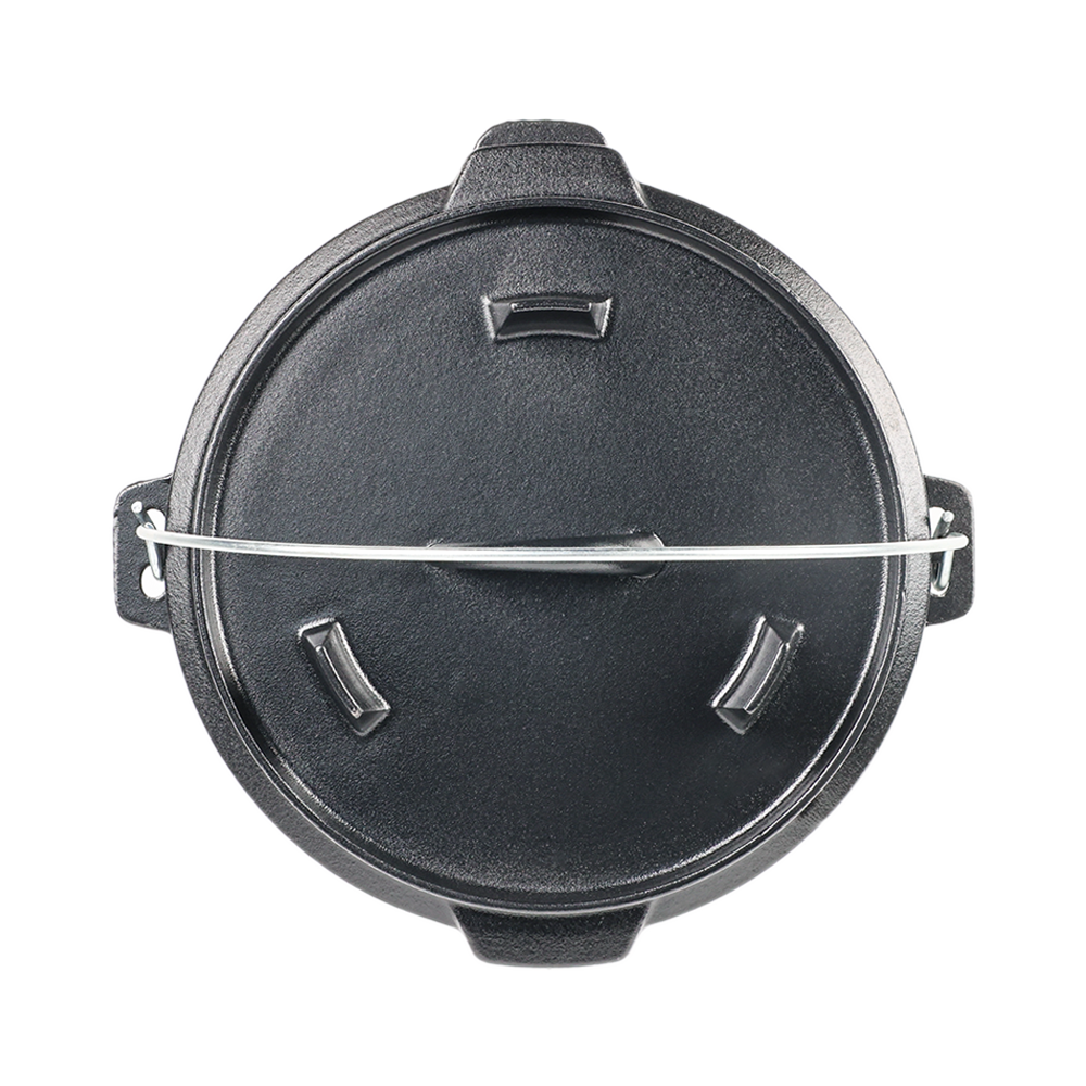 Top-down view of 2-in-1 cast iron Dutch oven lid, showing integrated legs and sturdy wire handle for campfire baking.