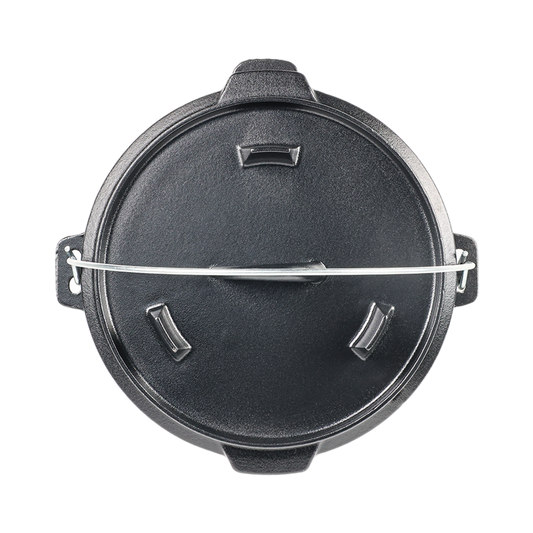 Top-down view of 2-in-1 cast iron Dutch oven lid, showing integrated legs and sturdy wire handle for campfire baking.