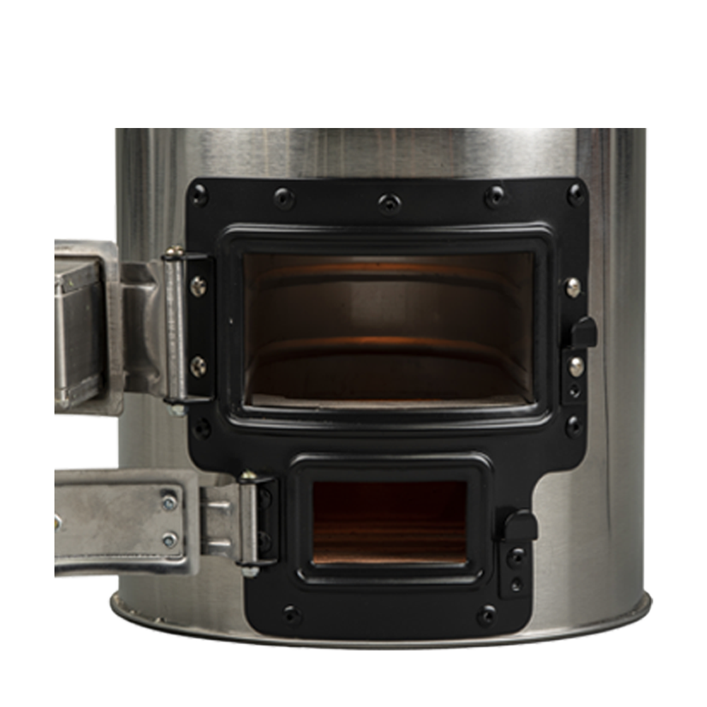 Close-up of the S32-23 stove with fuel doors open, highlighting its specialized combustion chamber that achieves a 49.3% thermal efficiency rating (when used with a pot skirt).