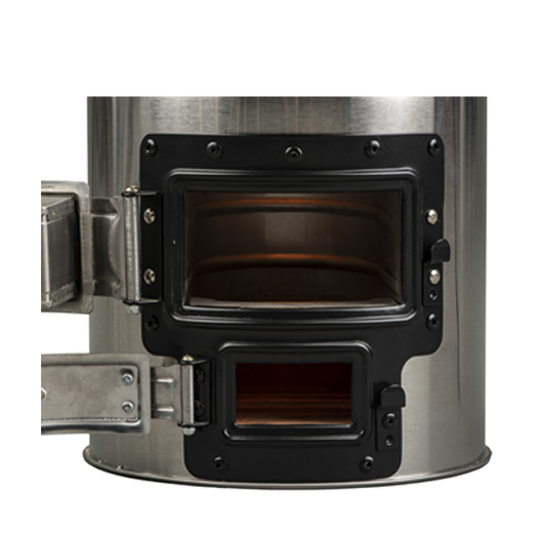 Close-up of the S32-23 stove with fuel doors open, highlighting its specialized combustion chamber that achieves a 49.3% thermal efficiency rating (when used with a pot skirt).