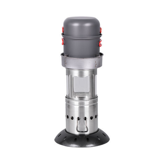 The Lantern stove set up with cooking equipment, showcasing its lightweight and functional construction.