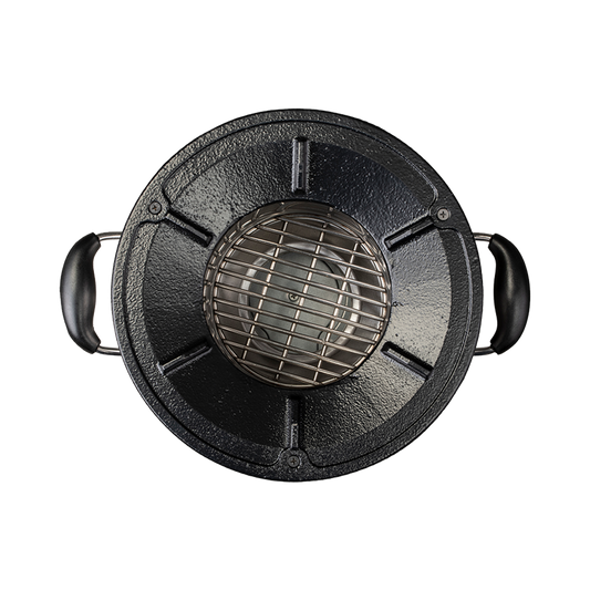 Top-down view of the C26-23MAX charcoal stove, featuring a durable cast-iron cooktop surface designed for the fastest cooking performance and high-efficiency thermal output.