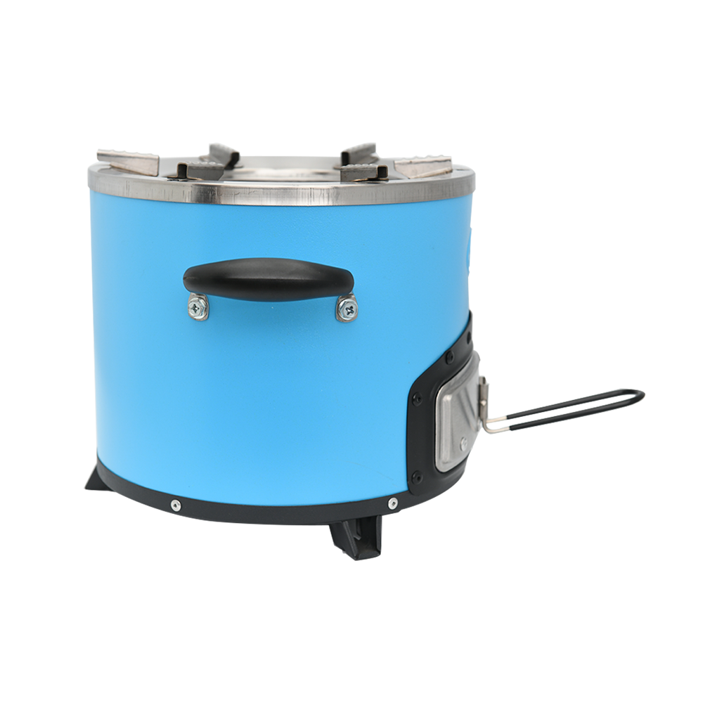 Side view of the portable blue C28-12 charcoal cookstove, highlighting its high-efficiency clean-burning design that utilizes 50% less fuel than traditional cooking methods.