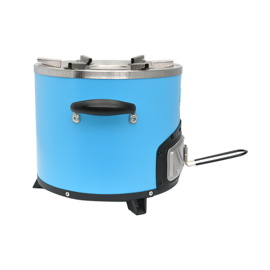 Side view of the portable blue C28-12 charcoal cookstove, highlighting its high-efficiency clean-burning design that utilizes 50% less fuel than traditional cooking methods.