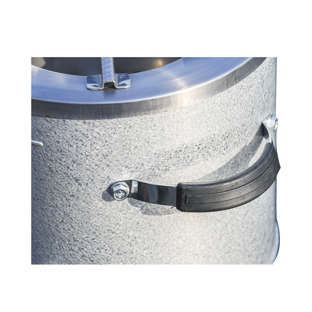 Close-up view of the sturdy heat-resistant side handle on the C26-10B aluminized zinc plated charcoal stove, emphasizing its portable design for households.