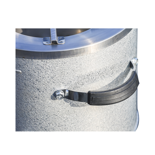 Close-up view of the sturdy heat-resistant side handle on the C26-10B aluminized zinc plated charcoal stove, emphasizing its portable design for households.
