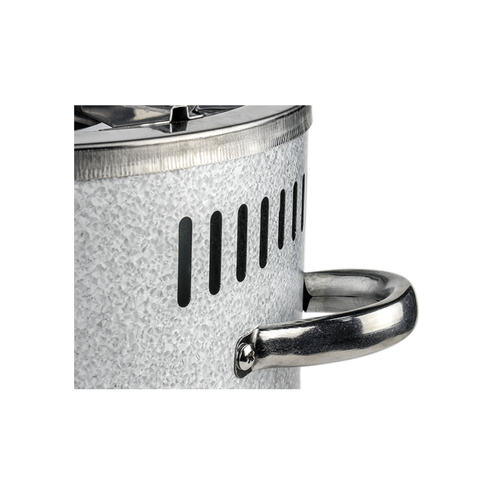 A detail view showing the side ventilation slits and one of the sturdy handles on the S26-11E aluminized zinc stove.
