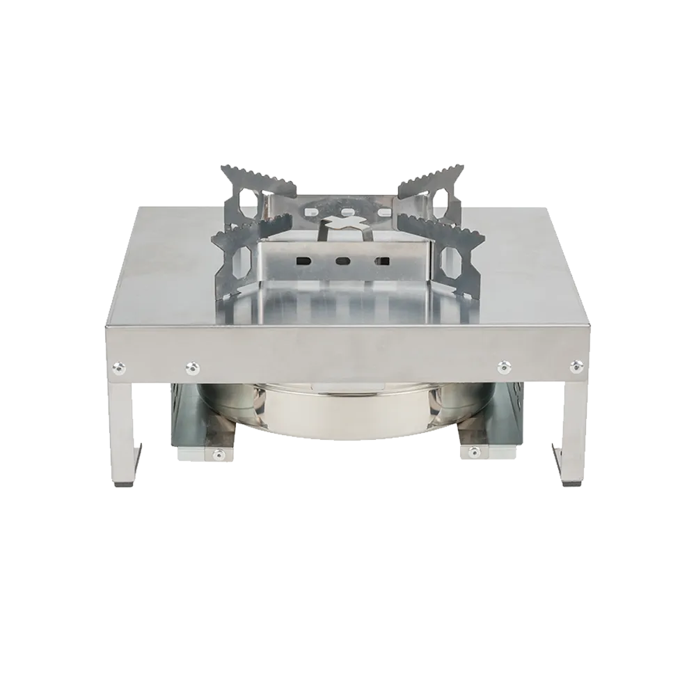 Low-angle view of the ES320 single burner stove, displaying its compact stainless steel framework, durable rivet construction, and integrated pull-out fuel canister design.