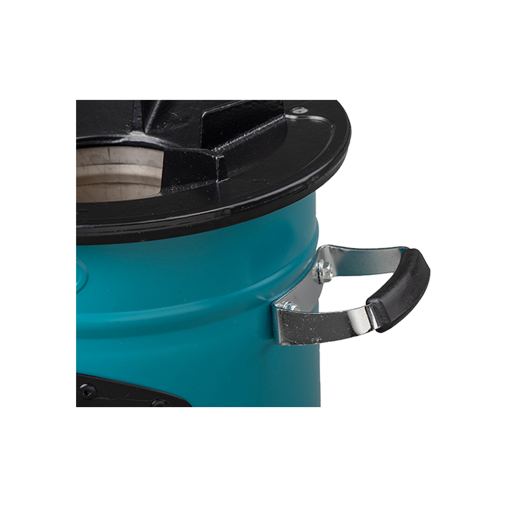 Detailed view of the side handle and body construction of the teal S26-13 stove.