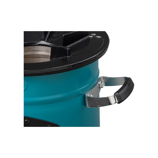 Detailed view of the side handle and body construction of the teal S26-13 stove.