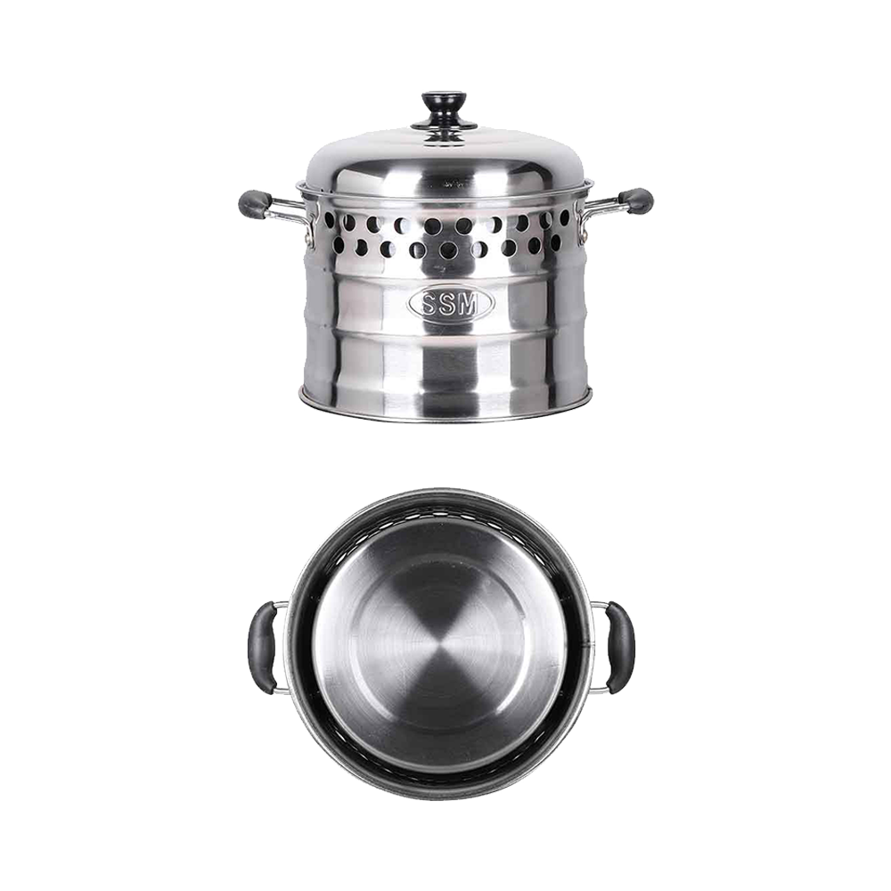 Dual view of SSM stainless steel Super Pot combo showcasing a closed 7-litre capacity pot next to a top-down interior look of the fast-heating cookware.