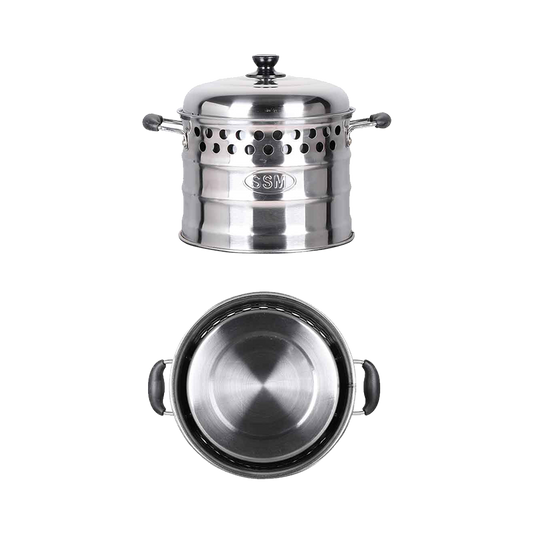 Dual view of SSM stainless steel Super Pot combo showcasing a closed 7-litre capacity pot next to a top-down interior look of the fast-heating cookware.