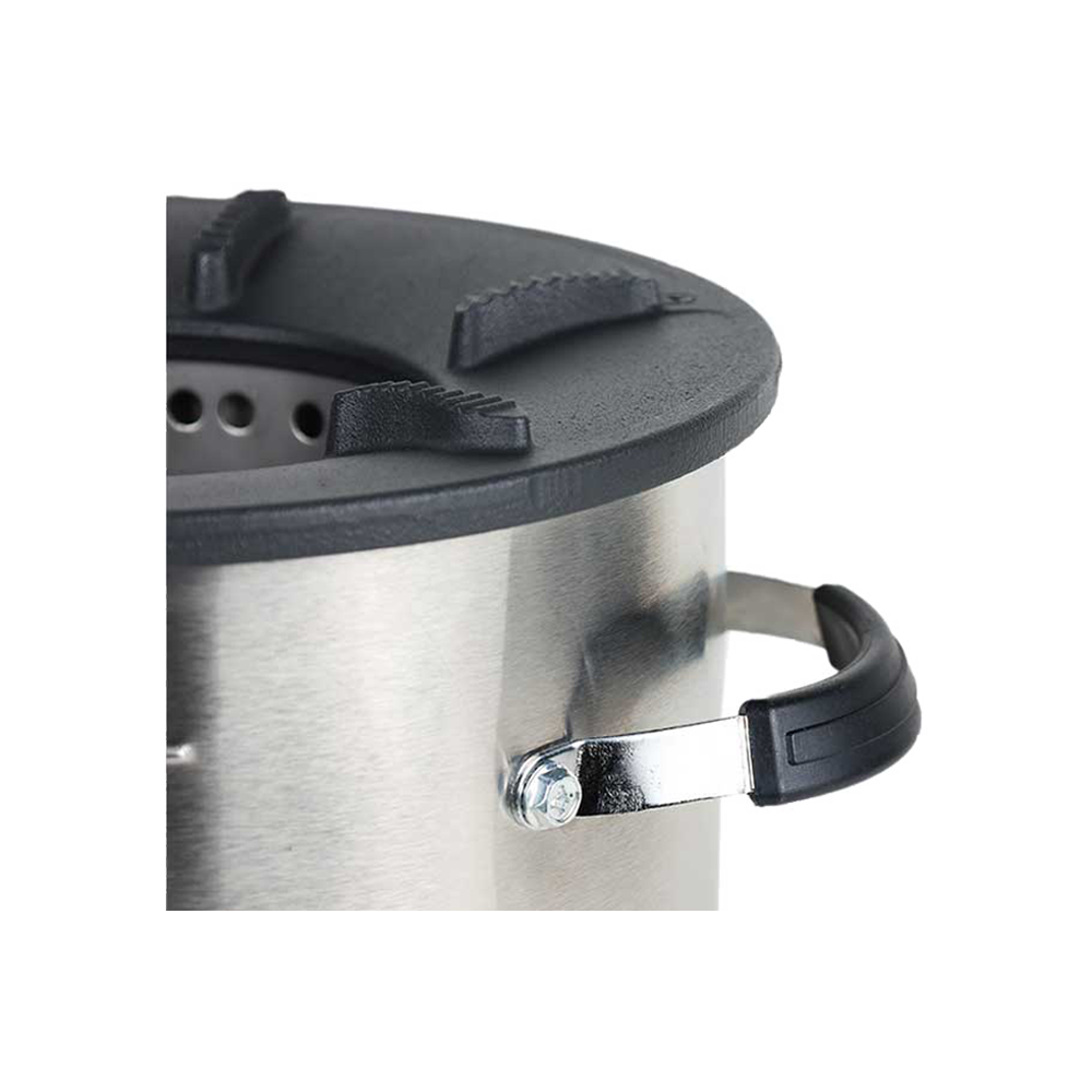 Close-up view of the sturdy handle and durable cast iron top rim on the large-size C28-23SE clean cookstove, highlighting its high-efficiency and portable design for optimized cooking performance.