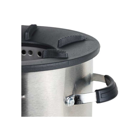 Close-up view of the sturdy handle and durable cast iron top rim on the large-size C28-23SE clean cookstove, highlighting its high-efficiency and portable design for optimized cooking performance.