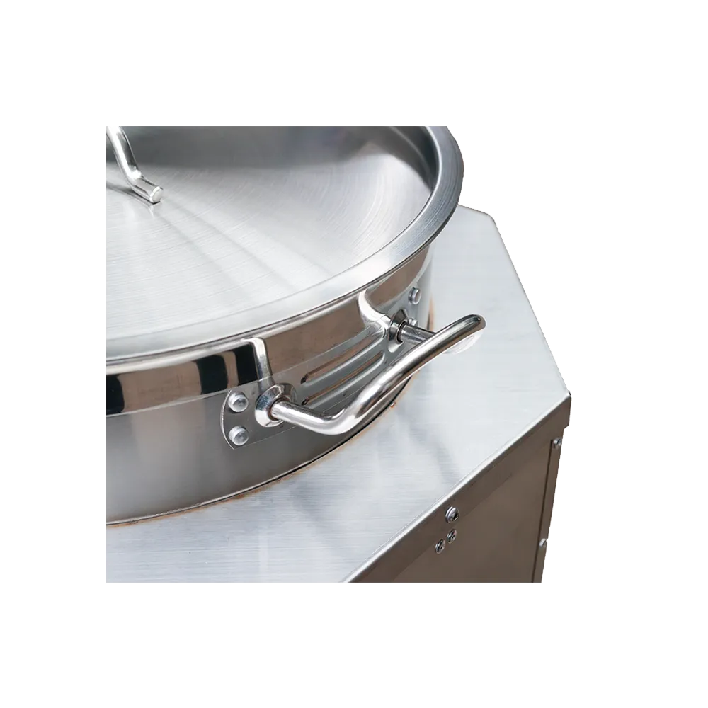 Detailed close-up of the 100L pot and handle on the SSM institutional stove.