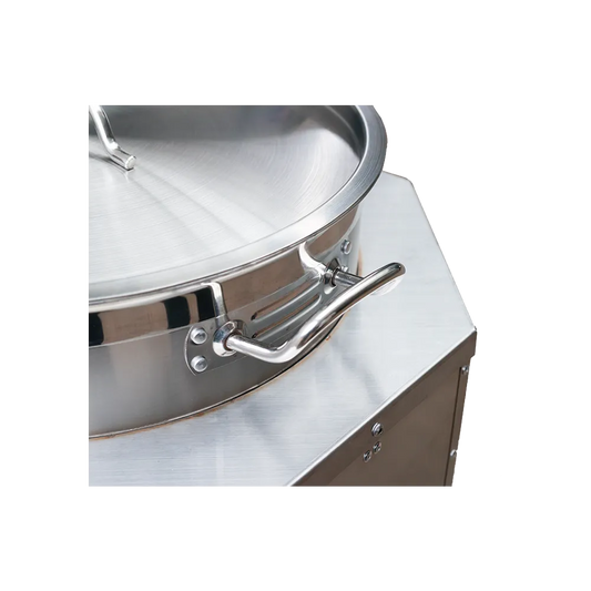 Detailed close-up of the 100L pot and handle on the SSM institutional stove.