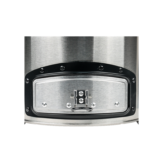 Close-up view of the ash tray door on the high-efficiency C28-23MAX charcoal stove, designed for easy maintenance and optimized airflow for the fastest cooking performance.