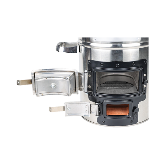 Close-up of the S26-23 stove with the fuel loading door open, emphasizing its environmentally friendly and sustainable combustion design.