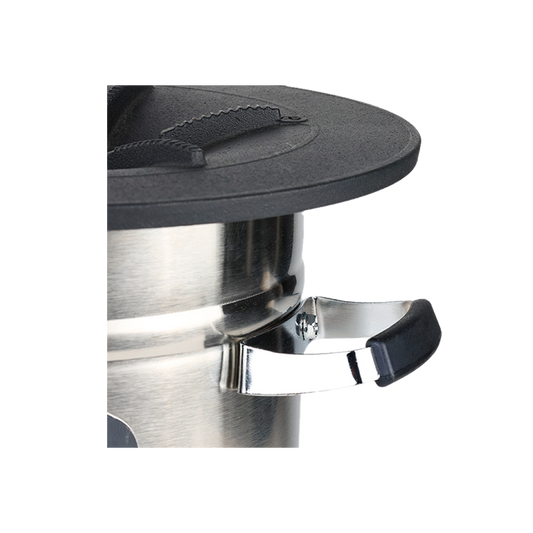 Detail view of the S32-X stainless steel body and handle, emphasizing a high-performance design that uses 50% less fuel than the traditional three-stone cooking method.