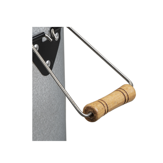 Detail view of the S24-11 stove's durable wooden handle, designed for comfortable and safe transport.
