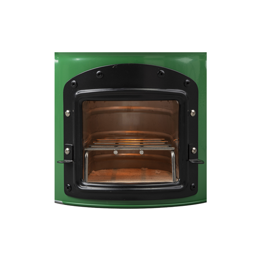 Close-up of the front loading door on the green S26-13 stove, illustrating the durable construction and stick support.
