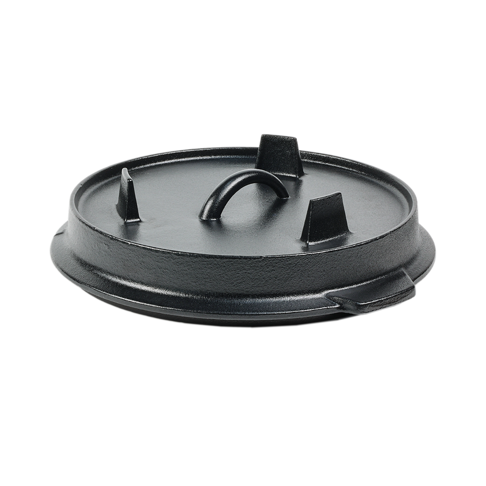 Pre-seasoned cast iron Dutch oven lid with integrated legs and center handle, standalone dual-purpose skillet component.