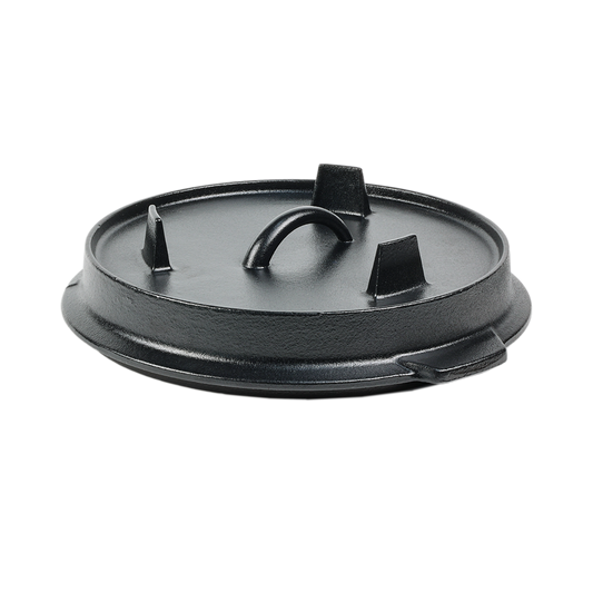 Pre-seasoned cast iron Dutch oven lid with integrated legs and center handle, standalone dual-purpose skillet component.