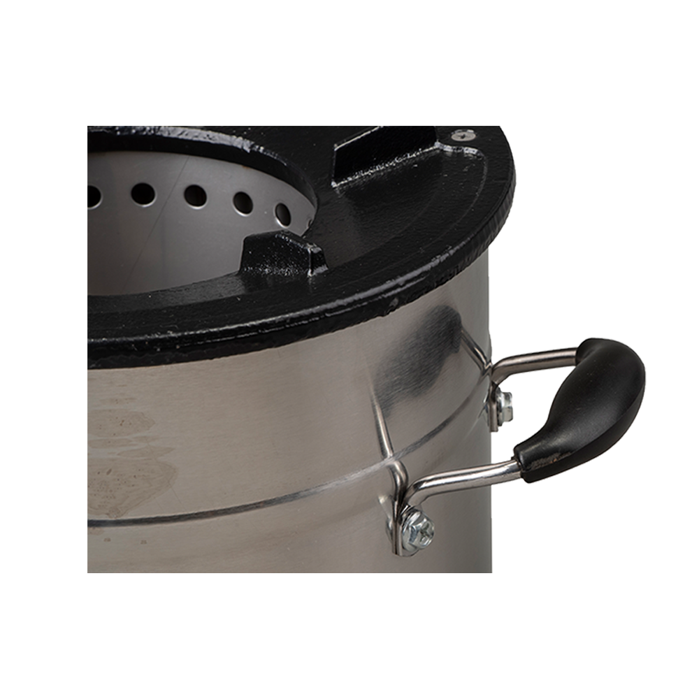 Close-up view of the cast-iron rim and secondary air vent system on the C26-23MAX charcoal stove, highlighting the high-efficiency design that enables significantly faster cooking.