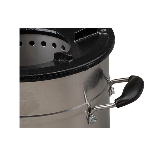 Close-up view of the cast-iron rim and secondary air vent system on the C26-23MAX charcoal stove, highlighting the high-efficiency design that enables significantly faster cooking.