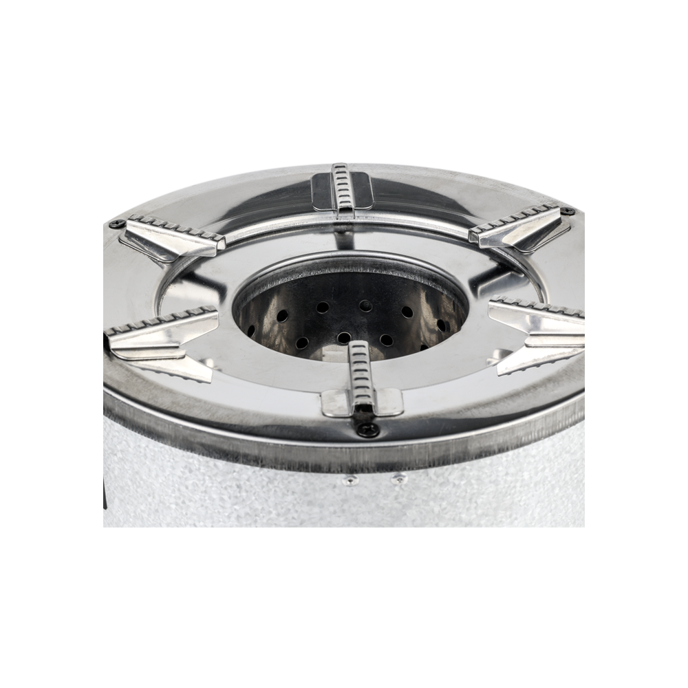 A close-up view of the top burner surface on the S26-11E, featuring durable pot supports and a centralized combustion chamber.