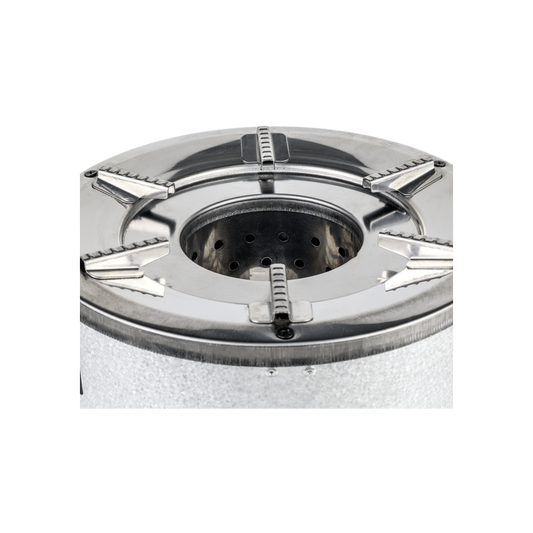 A close-up view of the top burner surface on the S26-11E, featuring durable pot supports and a centralized combustion chamber.