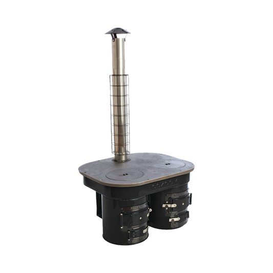 Side-angle view of the M45 Mexican Dual Stove, emphasizing its robust build and fuel-efficient biomass combustion design.