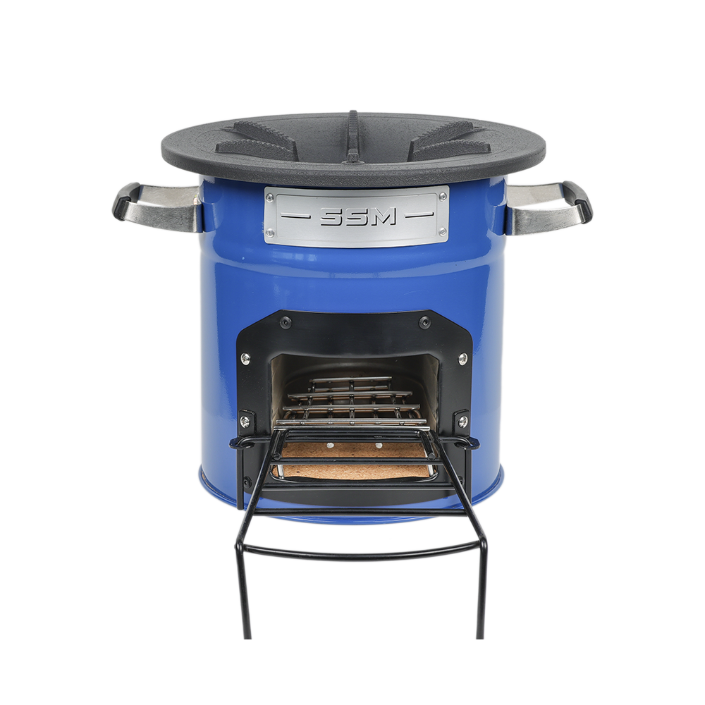 Front view of the blue S28-X clean cook stove, designed for biomass, straw, and wood fuel, featuring high thermal efficiency and environmental protection.