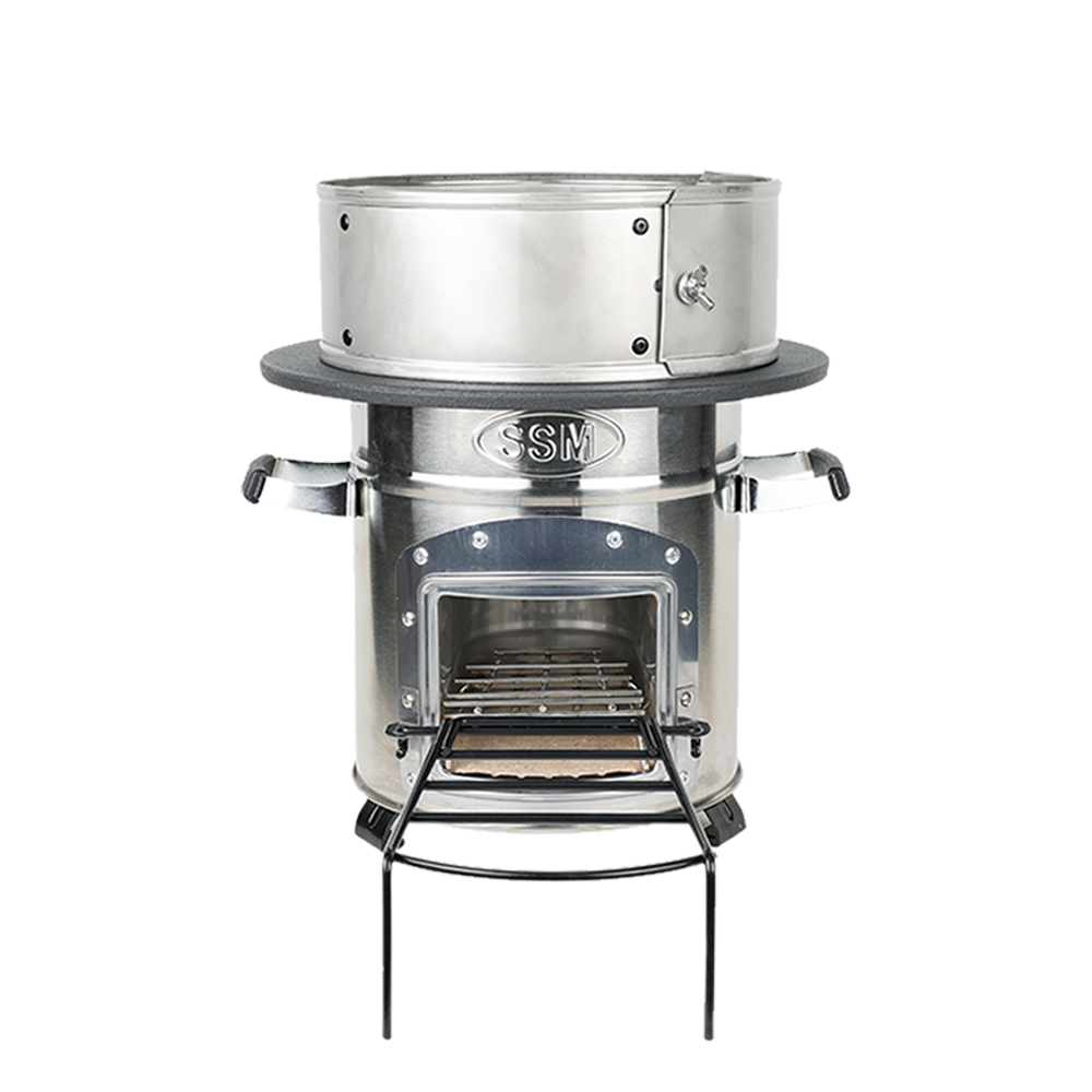 Close-up detail of the S32-XH stove's stainless steel body and fuel loading system, capable of using wood, straw, or biomass.