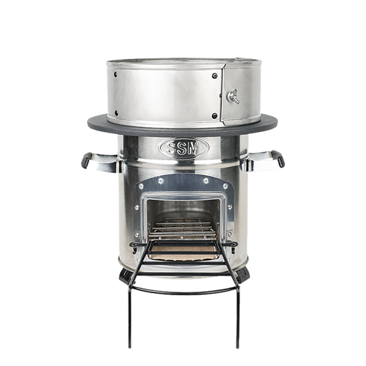 Close-up detail of the S32-XH stove's stainless steel body and fuel loading system, capable of using wood, straw, or biomass.