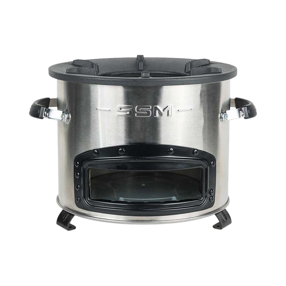 Front view of the C28-23SE clean cookstove, highlighting the stainless steel combustion chamber, durable cast iron top, and efficient smokeless design for high-performance cooking.