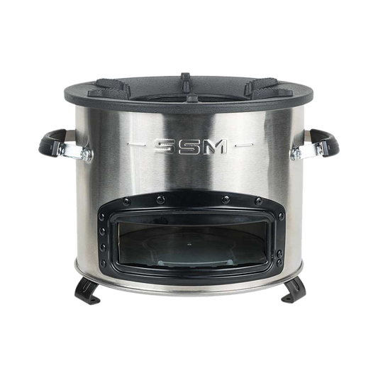 Front view of the C28-23SE clean cookstove, highlighting the stainless steel combustion chamber, durable cast iron top, and efficient smokeless design for high-performance cooking.